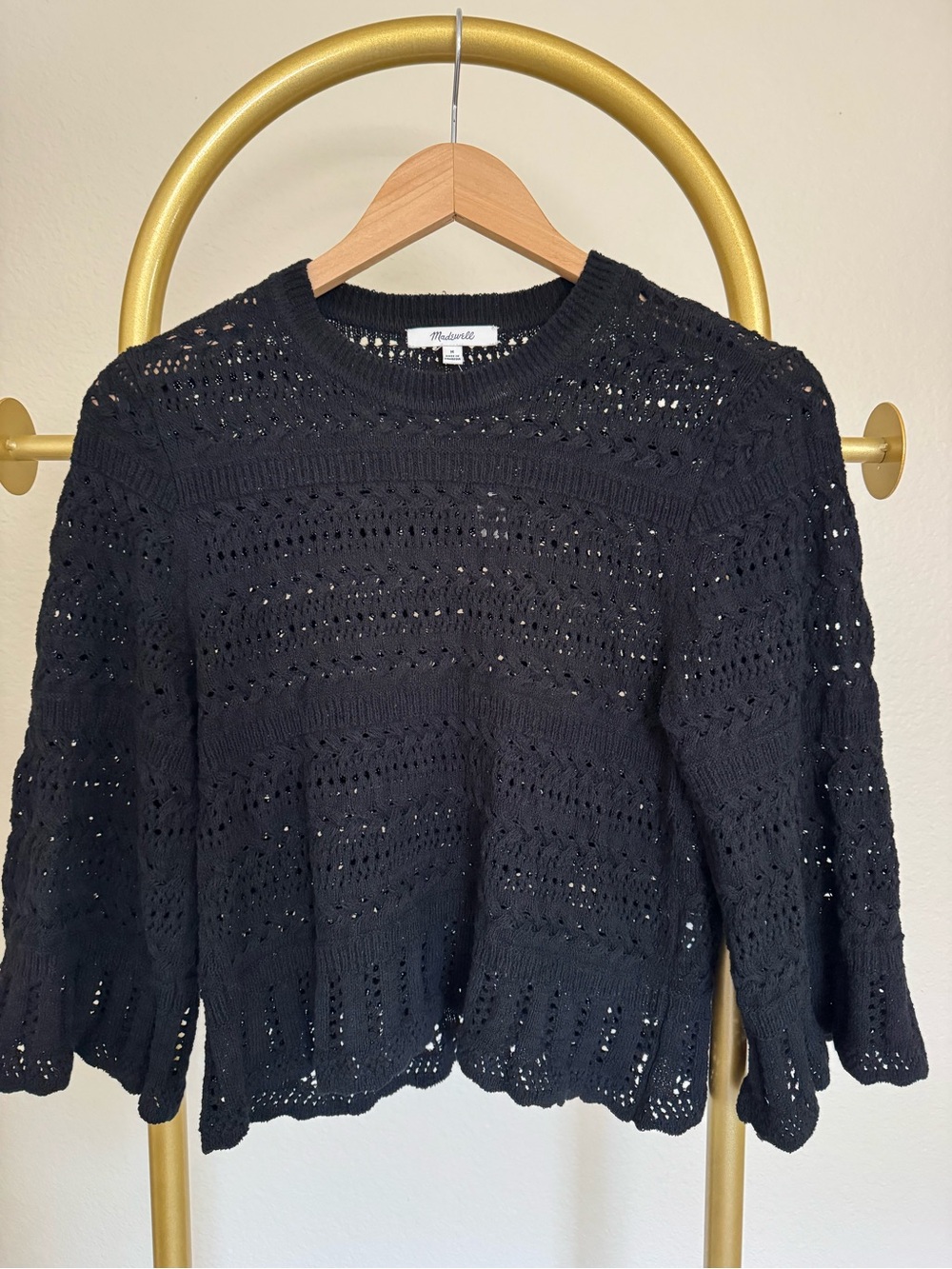 Madewell black crochet crewneck 3/4 bell sleeve pullover sweater Sz M